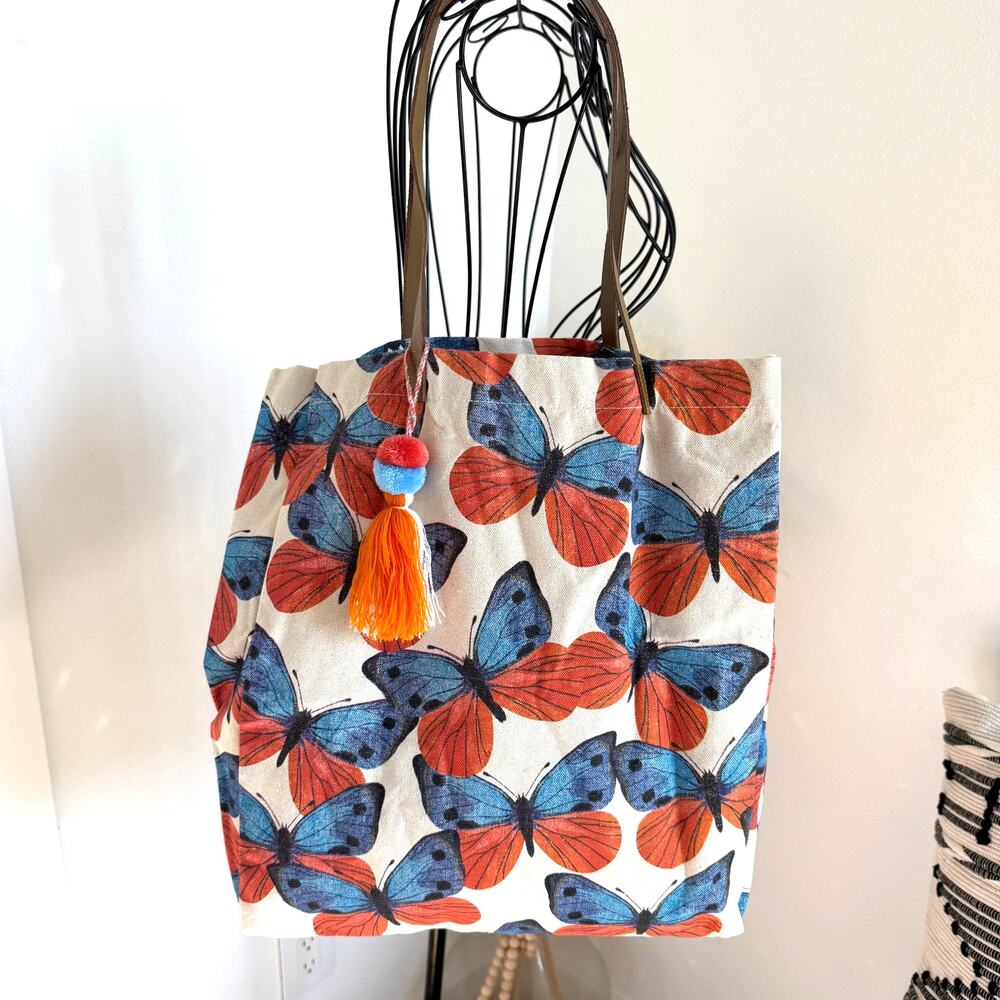 Butterfly Canvas Shopping Tote Pom Pom Tassel Bag - 100% Recycled Cotton